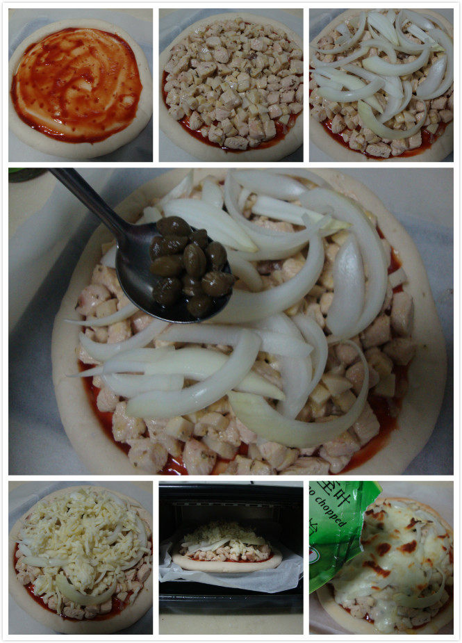 健康低热量：鸡肉时蔬披萨,饼皮抹上<a style='color:red;display:inline-block;' href='/shicai/ 753'>番茄沙司</a>，铺上炒好的鸡肉，撒上洋葱、刺山柑，铺层马苏，入烤箱烤熟