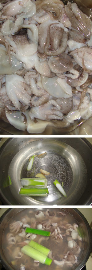 韩式拌墨鱼 ,墨鱼收拾好洗净加葱姜焯水