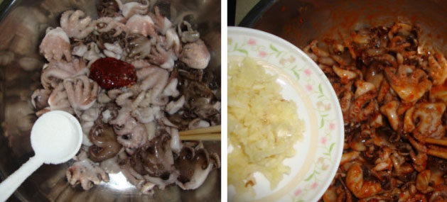 韩式拌墨鱼 ,墨鱼放入<a style='color:red;display:inline-block;' href='/shicai/ 8582'>韩国辣酱</a>、<a style='color:red;display:inline-block;' href='/shicai/ 715'>白醋</a>、盐、<a style='color:red;display:inline-block;' href='/shicai/ 10588'>糖</a>拌匀