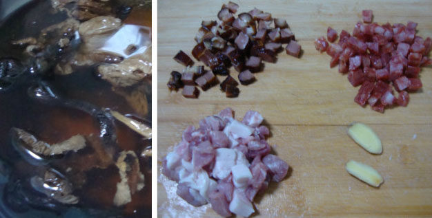 宫廷老豆腐,榛蘑泡软、<a style='color:red;display:inline-block;' href='/shicai/ 436'>腊肉</a><a style='color:red;display:inline-block;' href='/shicai/ 4536'>腊肠</a>和<a style='color:red;display:inline-block;' href='/shicai/ 428'>五花肉</a>切小丁