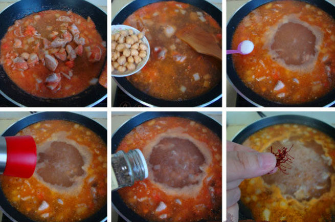 西班牙海鲜饭,加水、鹰嘴豆煮开,加盐、<a style='color:red;display:inline-block;' href='/shicai/ 720'>胡椒粉</a>、藏红花调味调色