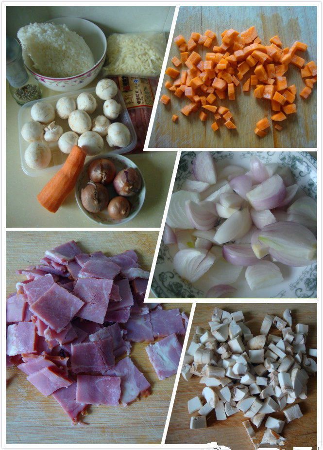 时蔬培根焗饭 ,蔬菜、<a style='color:red;display:inline-block;' href='/shicai/ 443'>培根</a>改刀切小粒，米饭打散