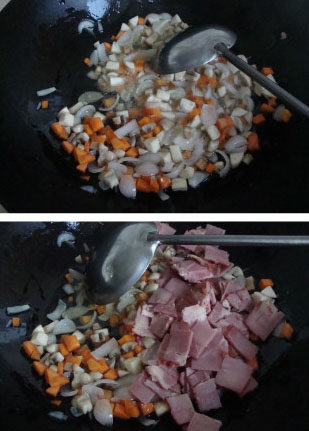 时蔬培根焗饭 ,底油炒香蔬菜，放培根炒熟