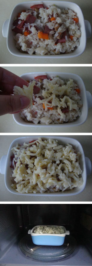 时蔬培根焗饭 ,装入焗碗中，撒上马苏，微波炉高火打一分钟