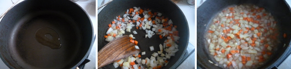 萌萌哒~~~萌小熊咖喱饭,锅内倒入少许玉米油，烧热后下入洋葱、胡萝卜和土豆丁翻炒至出香味后加入水至抹过大部分食材加盖转小火炖煮约10分钟（筷子可以轻易的戳入土豆就是好了）