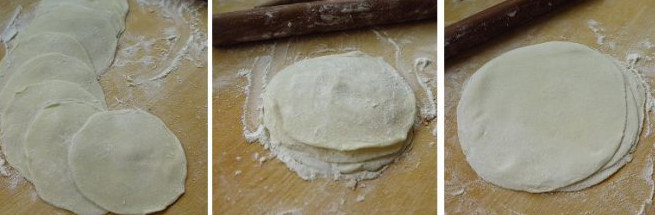 飘香京城的山西面点“都一处”烧卖,擀成饺子皮,在饺子皮之间多撒些高粉,三个一摞,擀成薄面片。