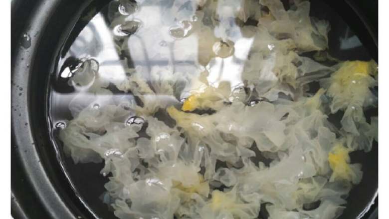 冰镇银耳玫瑰露#夏天的味道#,银耳撕成小条,放入砂锅,加水没过银耳的量,再加大概这样的一倍水量。
大火烧开,温火慢炖。