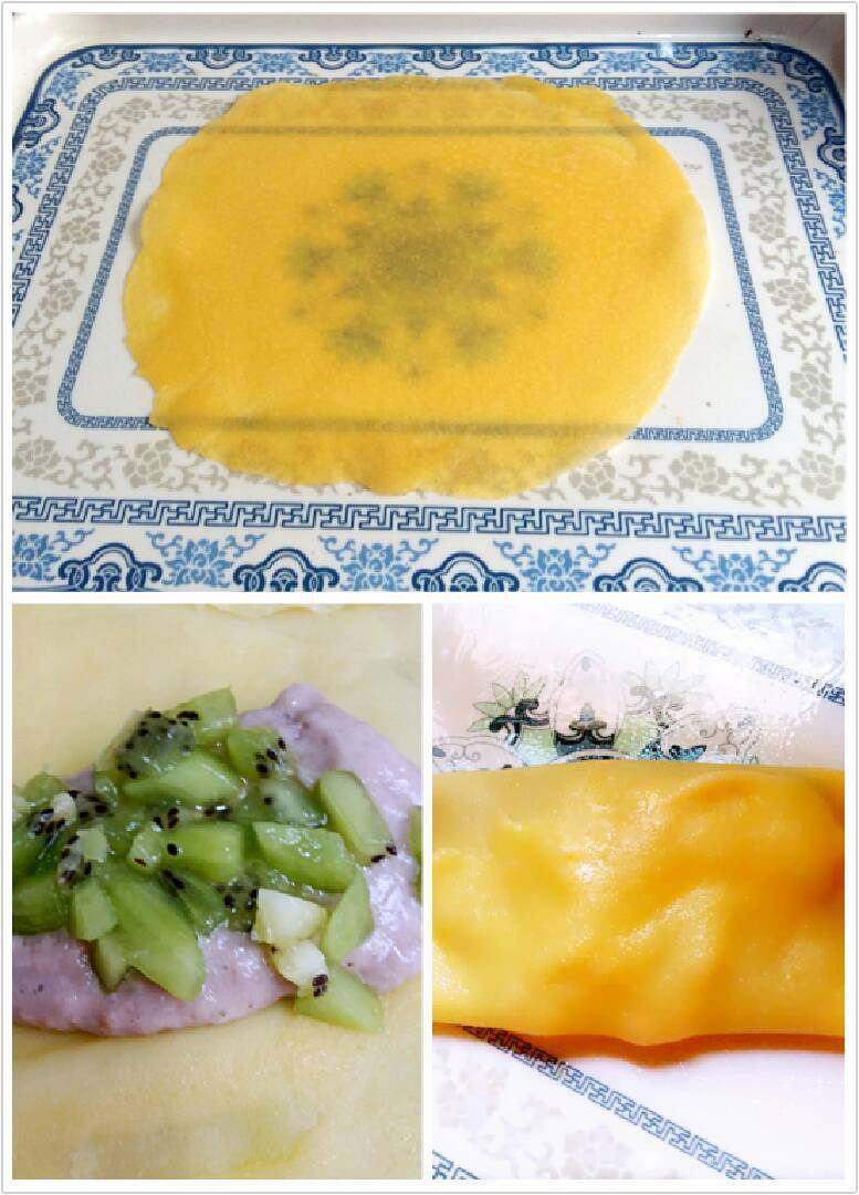 班戟香蕉芒果+#挑战鸡蛋的100种做法#,取一张蛋皮,把香蕉泥放到中间铺上猕猴桃丁,两边折叠进来,再两头折叠进来,反过来装入盘中,依次做完。