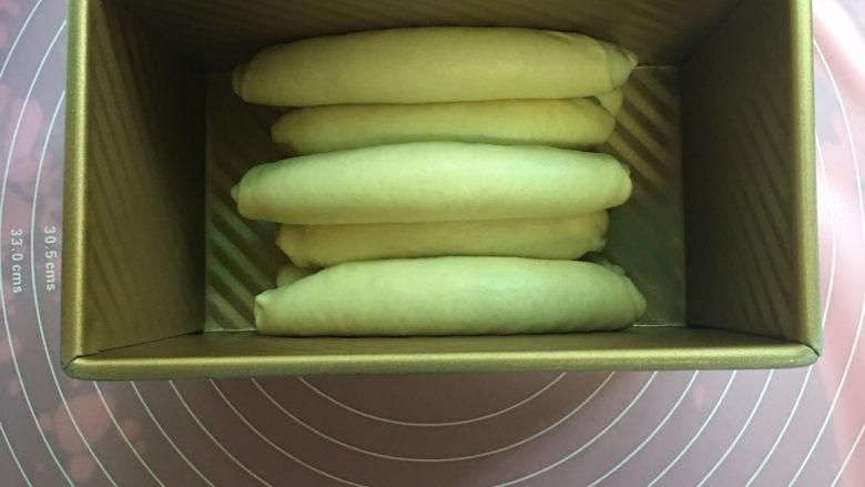 豹纹吐司,把擀好卷起的面团以上下三条,中间两条的次序排列放入吐司模具,封好保鲜膜进行第二次发酵(二次发酵对湿度有要求,烤箱发酵可以放入一杯热水)二次发酵大约40分钟,至膨胀2倍大,面团表面光滑