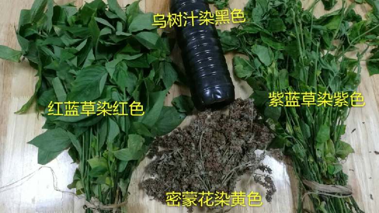 五彩饭,五色染色原料:乌米汁、干密蒙花、红蓝草、紫蓝草、白色就是米的本色