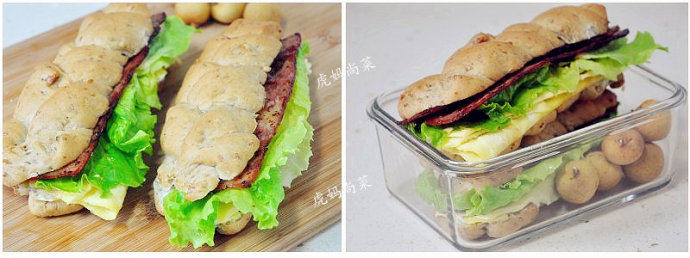 有肉有蛋的大汉堡：培根蛋堡 ,将辫子面包对半刨开，然后依次放上奶酪片、煎蛋、培根、生菜，然后再盖上另一片面包即可。