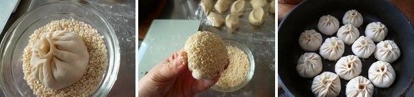 鲜美多汁~~虾肉生煎包,生胚放满后加盖,中小火加热至底部焦黄后加入清水至没过包子约一半的高度,转中火加热着锅内水份完全收干加入一把香葱碎转小火继续加热约一到两分钟即可关火上桌。