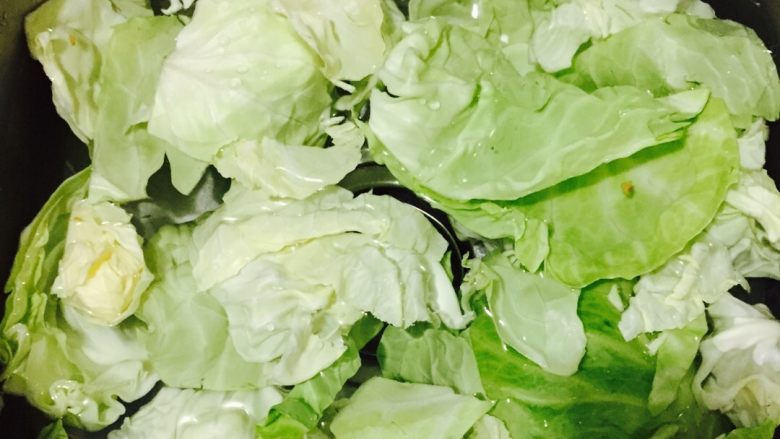 手撕包菜#春意绿#,将包菜对半切开,把包菜一片一片剥开洗干净然后加点盐放在水里稍微浸泡一下