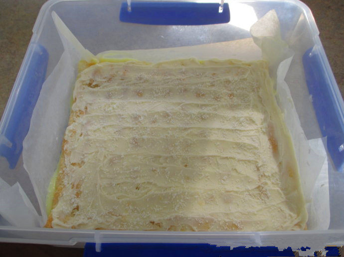香草卡仕达方块——Vanilla Custard Squares ,搅拌至顺滑,然后抹在酥皮表面。我在糖霜上有撒了些椰子碎。盖上盖子,放入冰箱直至卡仕达定型,取出切块。