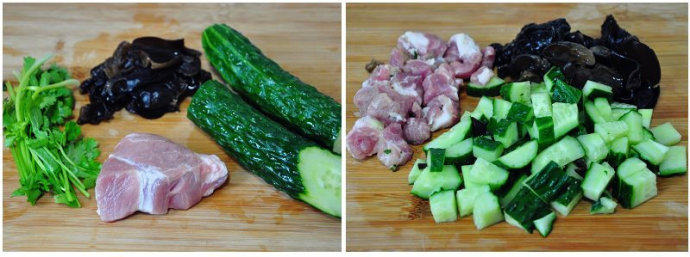 秀清爽早餐:黄瓜馄饨 ,将洗净的黄瓜、猪肉、木耳切成小块。
