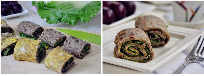 好吃到哭的早餐：坚果蛋饼卷 ,取出的蛋饼上铺一叶生菜卷起成卷，最后切段摆盘上桌。