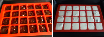 雪顶布朗尼~~~布朗尼也玩低卡!! ,在模具中挤入约一半多一些的布朗尼面糊后,再挤入奶酪面糊,送入180度烤箱烘烤18到20分钟即可。
