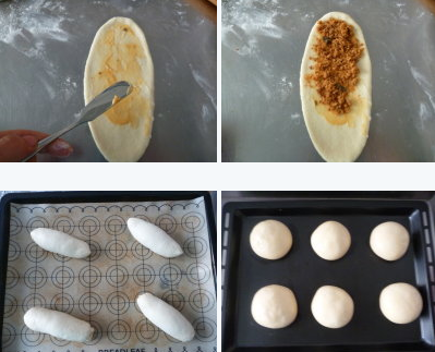 酥皮面包两款~~~有咸有甜必有一款适合你 ,66克的面团擀成牛舌状表面涂抹少许千岛酱后铺上<a style='color:red;display:inline-block;' href='/shicai/ 432'>肉松</a>自上而下卷起后接口捏紧，接口向下放入烤盘开始二发。