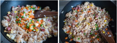 鲑鱼炒饭~~剩米饭的美丽转身,下少许生抽,<a style='color:red;display:inline-block;' href='/shicai/ 721'>蚝油</a>继续翻炒,最后加入三文鱼碎再次翻炒均匀即可出锅。