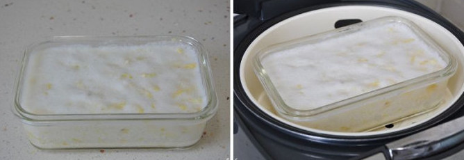 菠萝季独有的椰浆菠萝糯米饭 ,将饭盒放入蒸屉,正常蒸饭程序蒸熟即可。