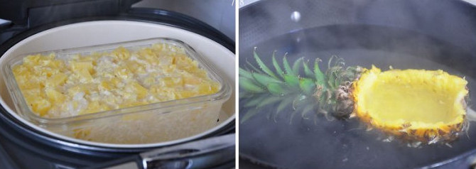 菠萝季独有的椰浆菠萝糯米饭 ,将菠萝壳放滚开的水里焯烫至菠萝叶变得碧绿就赶快拿出,这样既好看还能给菠萝碗杀菌消毒。