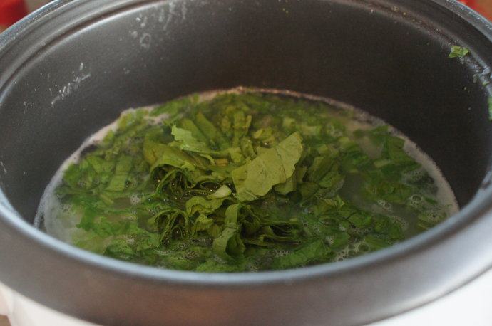 电饭锅芥菜肉粥,粥煮好了,加入芥菜。搅拌均匀,大致把芥菜煮软