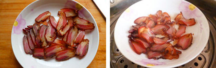 腊肉包菜小炒~~~吃不厌的家常小炒 ,<a style='color:red;display:inline-block;' href='/shicai/ 436'>腊肉</a>洗净切片后上笼蒸熟备用。