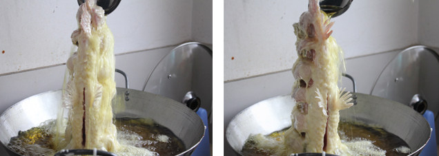 富贵有余茄汁鲤鱼,油烧滚热之后,拎着鱼尾巴,鱼头向下,用勺子盛油迅速的往鱼身上浇,两面都要浇到,让片好的鱼,定型!
