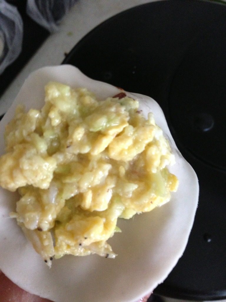 西葫芦鸡蛋小虾皮煎饺,搅拌,放盐和少许鸡精,如果太稀加一点生粉