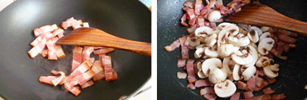 培根奶酱意面~~~分分钟被光盘,培根放入不粘锅中中火翻炒炒香出油后加入蘑菇继续翻炒至蘑菇变软颜色变深熄火。