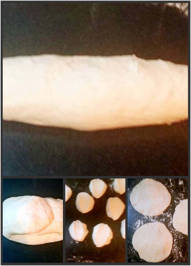 虾皮肉末葱花包子,取出面团,排出气揉成长条,再两头叠进,再揉成长条又叠进去,重复以上动作多揉几次,再搓圆,切成小剂子摁成中间厚一点,边上薄一点的面皮。
