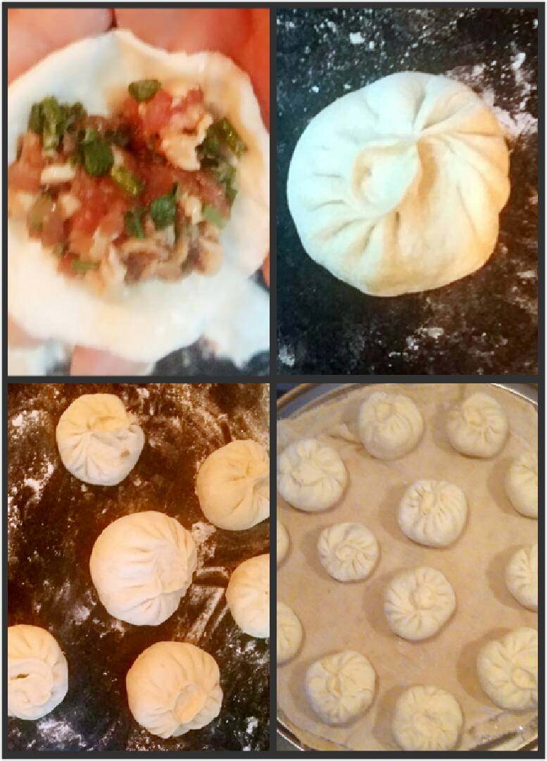 虾皮肉末葱花包子,装上馅料打褶依次做好,放到蒸笼上,蒸20分钟左右关火后,焖3-4分钟左右取出。