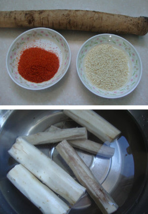 狗宝咸菜,牛蒡去皮泡12个小时,泡到发胀
