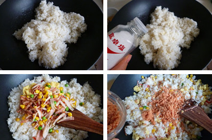 海鲜菠萝炒饭,、加入做法3炒散的鸡蛋和米饭，撒入适量细盐，翻炒至米饭松散，并且和其他食材混合均匀，加入三文鱼碎和菠萝碎粒，翻炒几下后最后放入虾仁拌炒一下即可出锅。