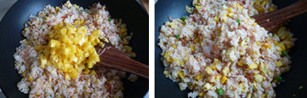 海鲜菠萝炒饭,把炒好的饭装入菠萝内就大功告成啦。尽情享受酸酸甜甜的美味吧