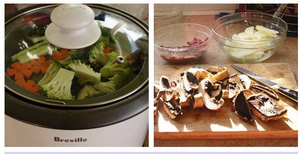 蘑菇洋葱牛肉小炒——偶尔自私很开心,电饭锅煮饭，顺便用蒸架把蔬菜蒸一下。