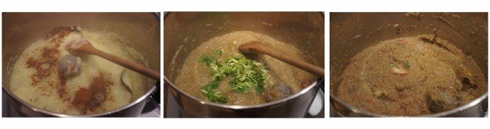 独家秘方:传统印度鸡肉咖喱,洋葱糊烧开后,加入1小勺Masala,1小勺盐,搅拌均匀,转中小火,盖上锅盖煮10分钟。
开锅盖,加入1小勺Masala,1小勺盐,继续盖上锅盖煮10分钟。
这个步奏要有耐心,因为洋葱在慢慢煮的过程中,味道会从苦变甜,盐和Masala也会将洋葱糊的味道慢慢平和。我大概用了3小勺Masala,3小勺盐。不过大家可以根据自己的口味添加。
之后加入切碎的香菜(AJ君只用香菜的叶子,我用所有的香菜部分),继续盖锅盖煮10分钟。最后咖喱糊入下图三,颜色变暗,味道浓郁,洋葱完全没有苦辣味,和香料中和得刚刚好。