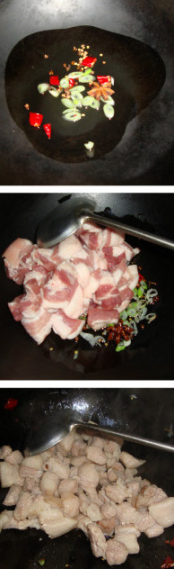 东北特色菜：猪肉炖粉条,底油爆香葱姜、<a style='color:red;display:inline-block;' href='/shicai/ 86474'>干辣椒</a>、<a style='color:red;display:inline-block;' href='/shicai/ 700'>花椒</a>、<a style='color:red;display:inline-block;' href='/shicai/ 695'>八角</a>，放入五花肉炒出油