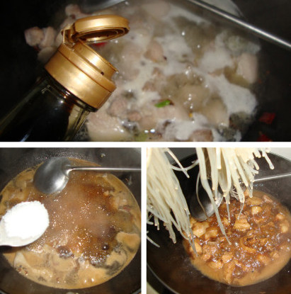 东北特色菜：猪肉炖粉条,加水，老抽、<a style='color:red;display:inline-block;' href='/shicai/ 788'>生抽</a>、盐、<a style='color:red;display:inline-block;' href='/shicai/ 717'>味精</a>、<a style='color:red;display:inline-block;' href='/shicai/ 10588'>糖</a>调味，煮至肉软烂