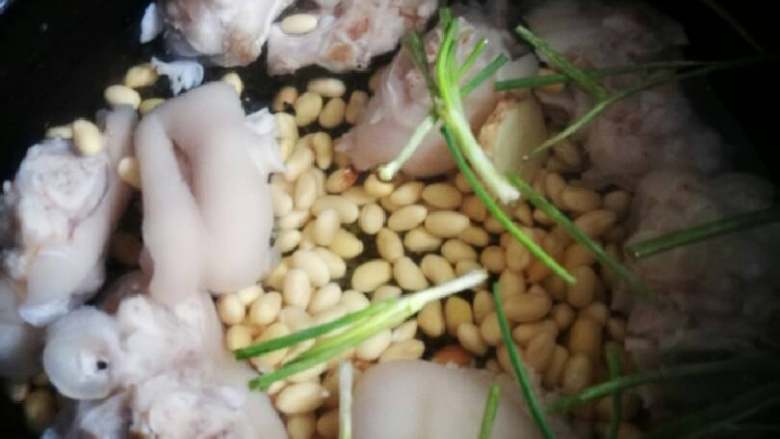 猪蹄黄豆汤,炖猪蹄最好用砂锅,我用了铸铁锅,相比能最佳程度的保留食物的原汁原味。在锅里放入焯水后的猪蹄,浸泡好的黄豆,葱段姜片,一次性加入适量清水(一次性是指中途不能再添加水)。