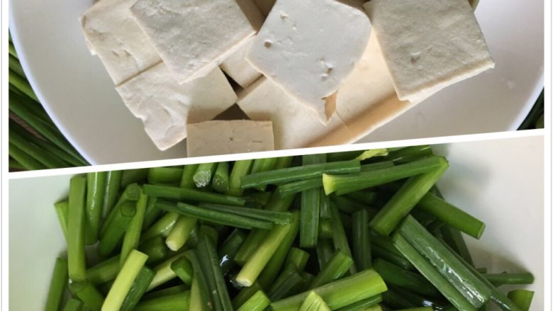 韭苔炒豆腐,每块豆腐切成四块,韭苔切段备用。