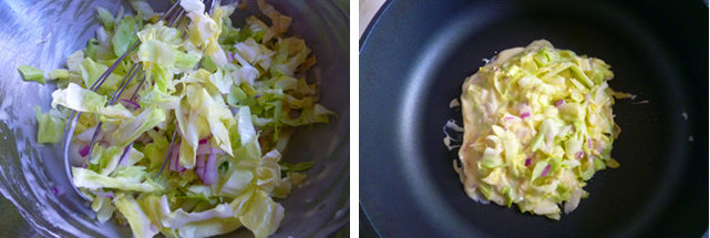 快手小食日式大阪烧,加入蔬菜丝拌匀,使每片菜叶上都挂上粉浆。