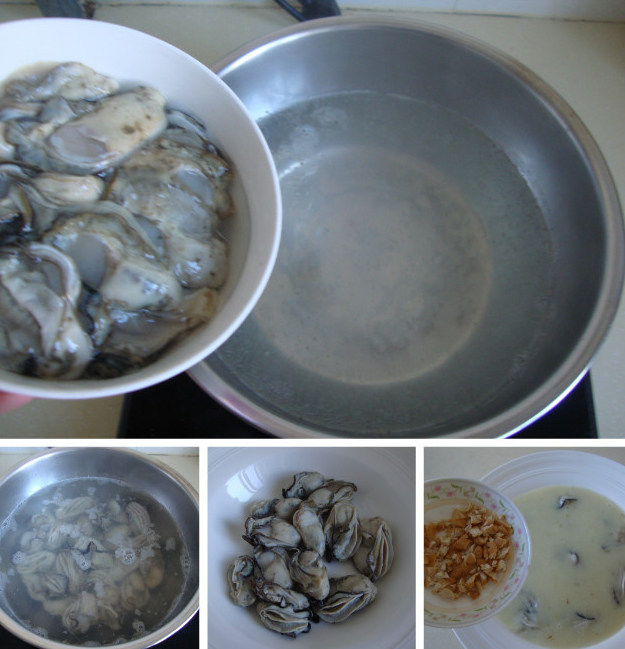 土豆鲜蚝浓汤,牡蛎肉捞出来放入汤盘,浇上打好的浓汤,撒上腰果碎和香葱叶