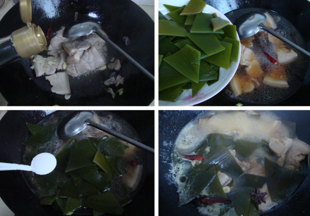 腊八加菜：家常焖海带,烹入<a style='color:red;display:inline-block;' href='/shicai/ 718'>料酒</a>和<a style='color:red;display:inline-block;' href='/shicai/ 788'>生抽</a>，加水、海带、盐、<a style='color:red;display:inline-block;' href='/shicai/ 756'>鸡精</a>，盖盖焖熟