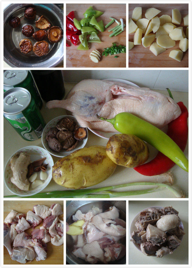 啤酒鸭 ,鸭子剁块，洗净血水，加姜焯水，辅料改刀，葱白切段，葱叶切末