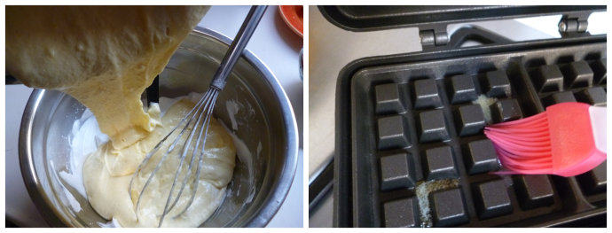 华夫饼~~~无泡打粉版 ,取约三分之一的打发蛋白与做法2的蛋黄面糊稍稍拌匀后,全部倒回打发蛋白的大盆里,以不规则的方式搅拌均匀即成华夫饼面糊。