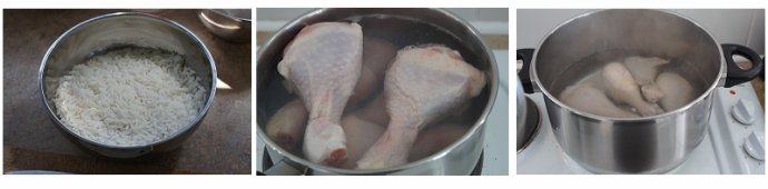 塞浦路斯的感冒良药——柠檬鸡肉粥,鸡腿放入锅中煮,去血水,用水冲洗干净。将鸡腿放入大锅中,加大量水没过鸡腿,大火烧开,转小火将鸡腿煮熟。