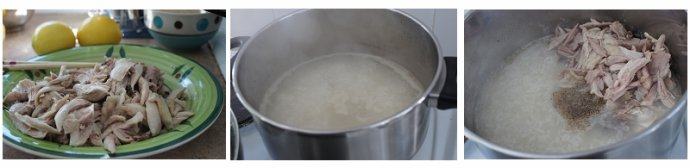 塞浦路斯的感冒良药——柠檬鸡肉粥,将鸡腿捞出,放凉,把鸡肉撕成小块。把洗净的大米加入煮鸡腿的汤中煮软,加入撕碎的鸡肉,调入盐,大量的黑胡椒,出锅前挤入两个柠檬的柠檬汁,搅拌均匀。