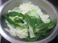 向经典川菜致敬 媲美饭店味道的麻辣鲜香——【水煮肉】,将白菜和上海青用热水焯熟,即刻捞出过冷水。