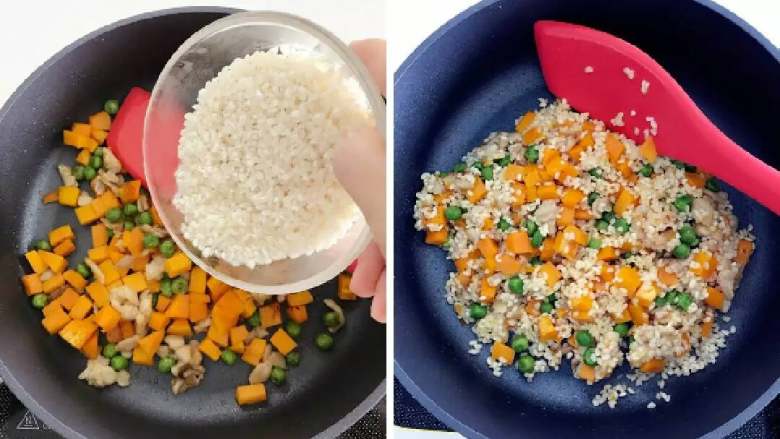 宝宝辅食:南瓜苹果炊饭,倒入控干的大米,和南瓜甜豌豆翻炒均匀,中火大概翻炒2-3分钟。
》要更加好吃,一定要把米也炒下,可以增加香气,炒米时已香得令人发指,最后做好肯定好吃,嘿嘿。